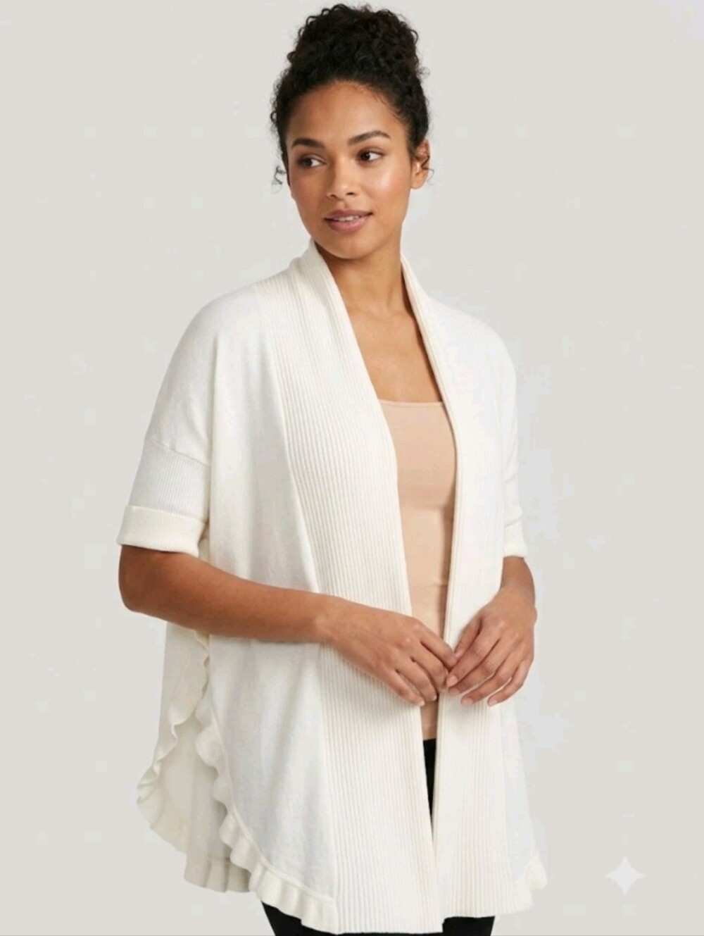 Soft Surroundings Open-Front Ribbed Long Cardigan Sweater Ivory